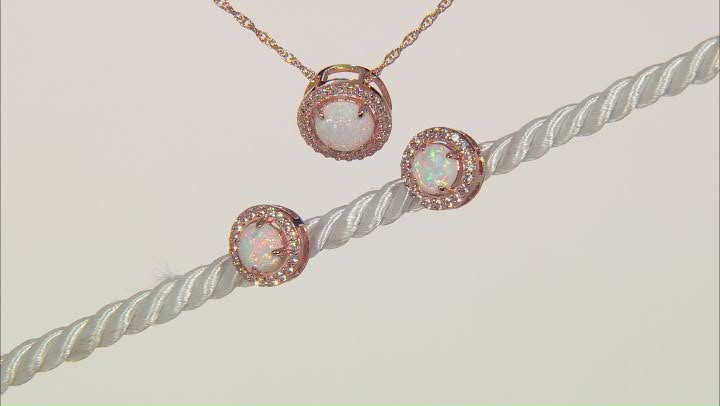 Lab Opal & White Lab Sapphire 14k Rose Gold Over  Silver Earrings/Pendant With Chain Set 1.08ctw Video Thumbnail