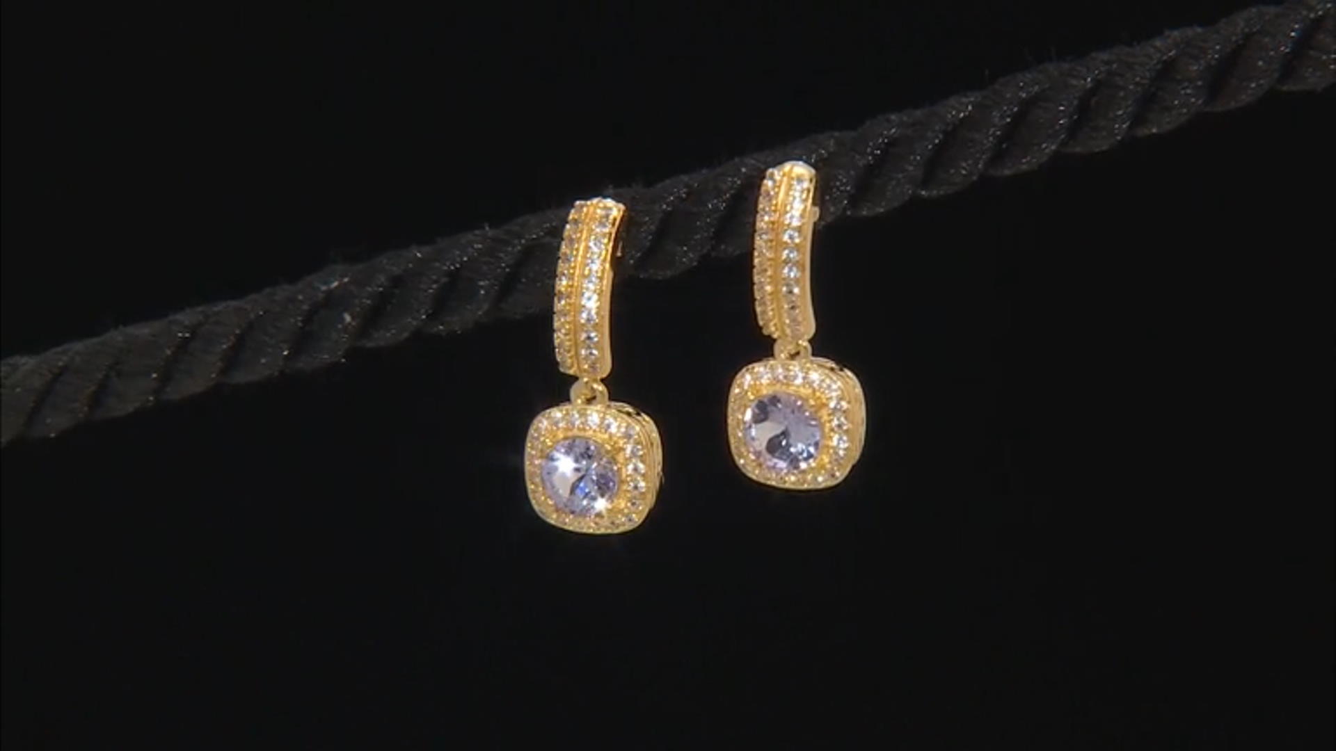 Blue Tanzanite & White Lab Sapphire 18k Yellow Gold Over Sterling Silver Dangle Earrings 1.34ctw Video Thumbnail