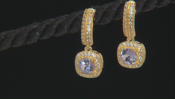 Blue Tanzanite & White Lab Sapphire 18k Yellow Gold Over Sterling Silver Dangle Earrings 1.34ctw Video Thumbnail
