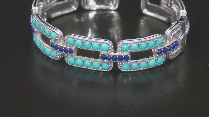 Judith Ripka Turquoise and Lapis Lazuli Rhodium Over Sterling Silver Open Link Cuff Bracelet Video Thumbnail