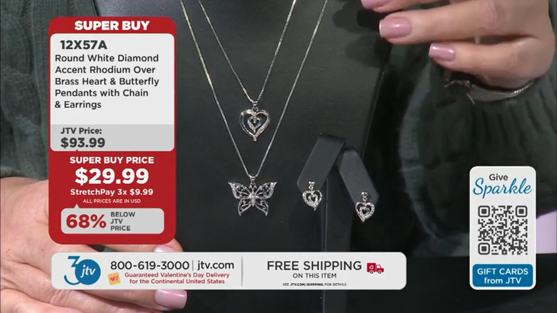 White Diamond Accent Rhodium Over Brass 3 Piece Heart And Butterfly Pendant And Earring Set Video Thumbnail