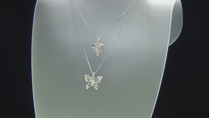 White Diamond Accent Rhodium Over Brass 3 Piece Heart And Butterfly Pendant And Earring Set Video Thumbnail