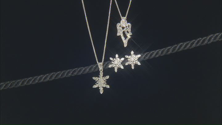 White Diamond Accent Rhodium Over Brass 3 Piece Angel And Snowflake Pendant And Earring Set Video Thumbnail