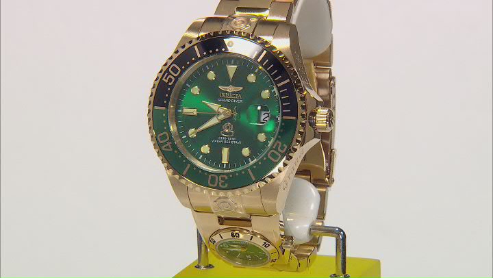 Invicta Grand Diver 47mm Automatic Yellow Stainless Steel Watch, Green and Black Bezel Video Thumbnail