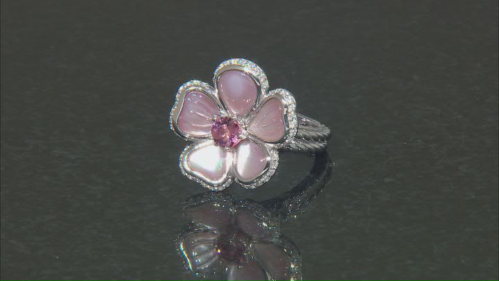 Judith Ripka Tourmaline, Mother-Of- Pearl & Bella Luce® Rhodium Over Sterling Textured Flower Ring Video Thumbnail