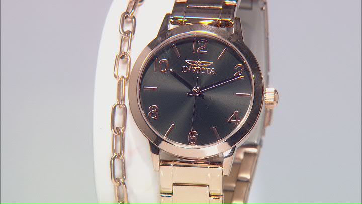 Invicta Wildflower 34mm Black Dial Rose Stainless Steel Quartz Watch And Bracelet Set Video Thumbnail