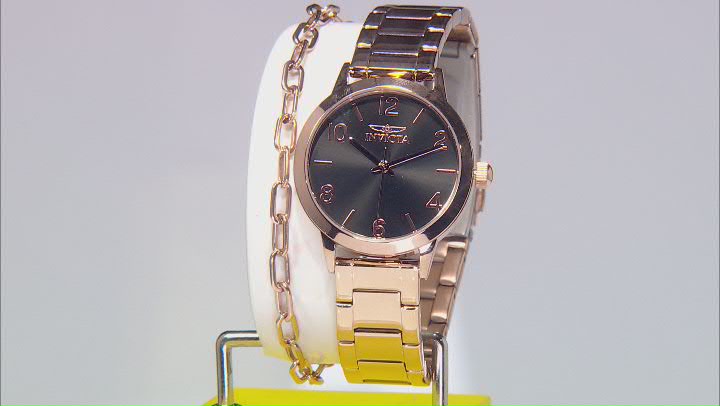 Invicta Wildflower 34mm Black Dial Rose Stainless Steel Quartz Watch And Bracelet Set Video Thumbnail