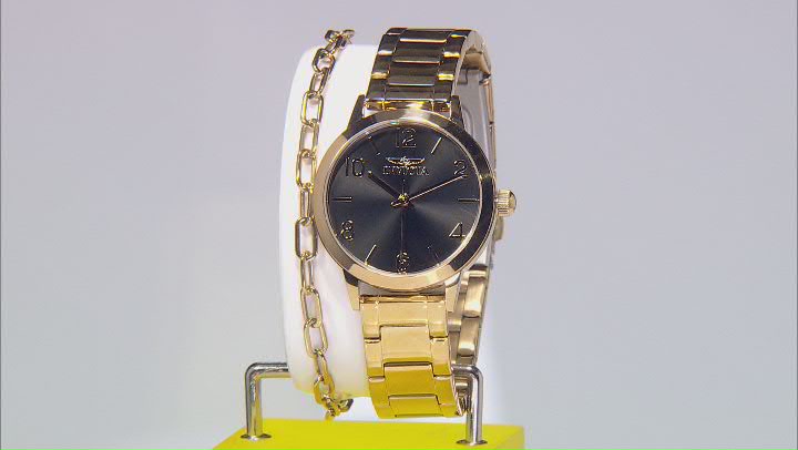 Invicta Wildflower 34mm Black Dial Gold Tone Stainless Steel Quartz Watch And Bracelet Set Video Thumbnail