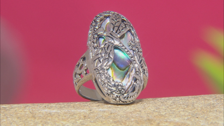 Abalone Shell Rhodium Over Sterling Silver Dragonfly Ring