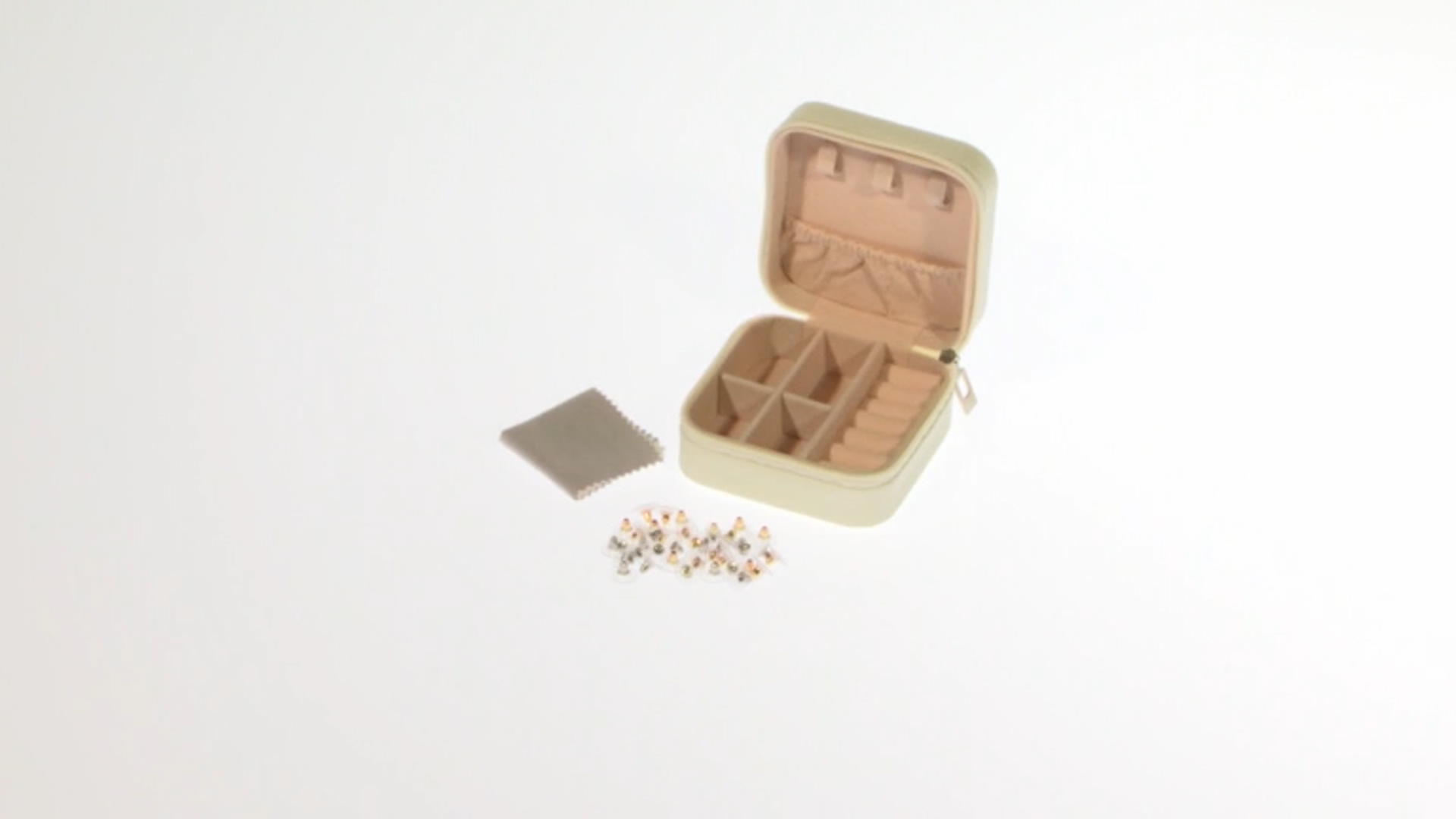Ivory Travel Size Jewelry Box with Cleaning Cloths & 40 Piece Earring Backs Video Thumbnail