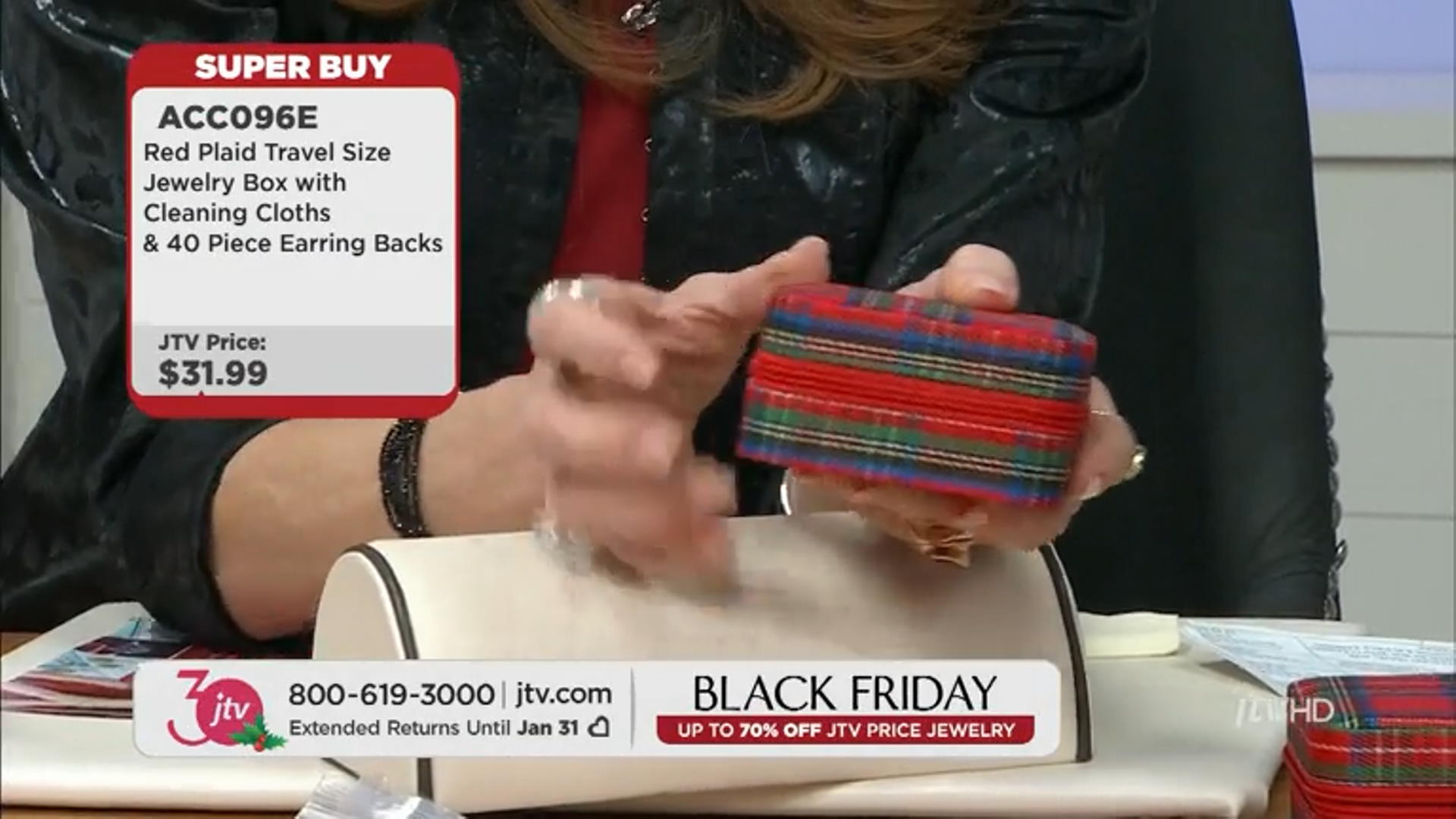 Red Plaid Travel Size Jewelry Box with Cleaning Cloths & 40 Piece Earring Backs Video Thumbnail