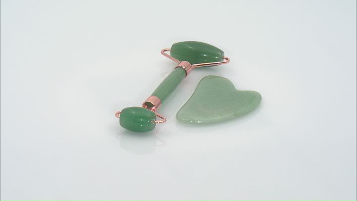 Green Aventurine Facial Roller and Gua Sha Set with Rose Tone Accents Video Thumbnail