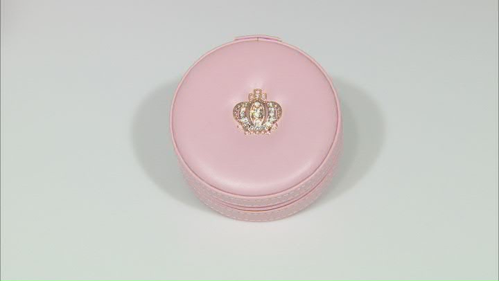 Pink Faux Leather Round Jewelry Box with Pink Lining, Gold Tone Crystal Crown Emblem and Zipper Video Thumbnail