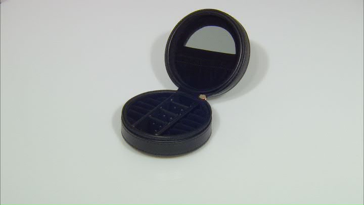 Black Faux Leather Round Jewelry Box Gold Tone Crystal Crown Emblem and Zipper with Black Lining Video Thumbnail