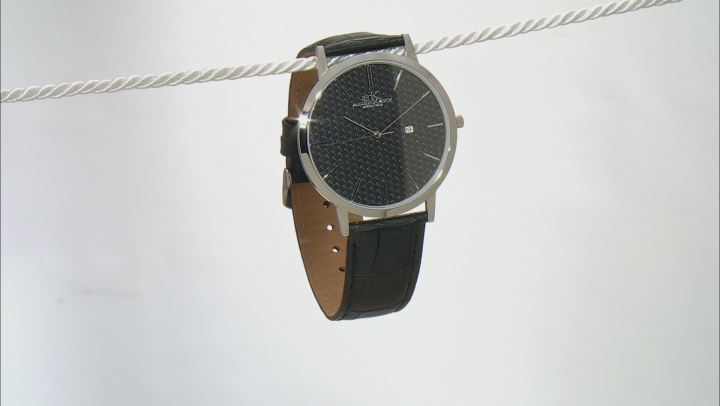 Adee Kaye™ Silver Tone Stainless Steel and Black Leather Band Gent's Watch