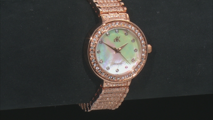 Adee Kaye™ White Crystal Rose Tone Rhodium Over Base Metal Mother of Pearl Dial Watch.