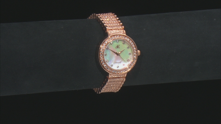 Adee Kaye™ White Crystal Rose Tone Rhodium Over Base Metal Mother of Pearl Dial Watch. Video Thumbnail
