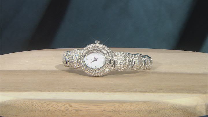 Adee Kaye™ White Crystal Mother of Pearl Dial Silver Tone Rhodium Over Base Metal Watch.