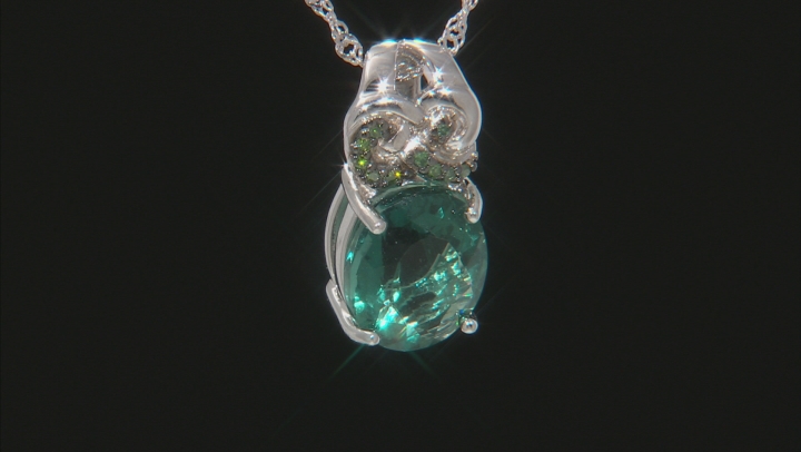 Teal fluorite rhodium over sterling silver pendant with chain 4.46ctw Video Thumbnail