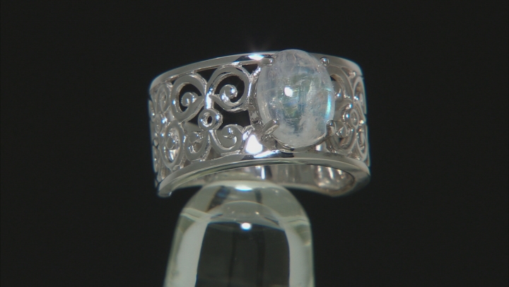 Oval rainbow moonstone rhodium over sterling silver solitaire ring 2.55ct Video Thumbnail