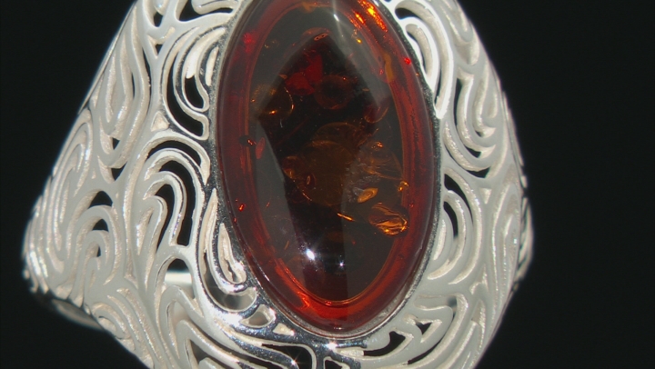 Orange Amber Sterling Silver Solitaire Ring Video Thumbnail