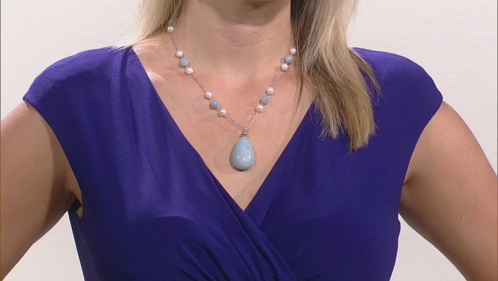 6-7mm Freshwater Pearl, Aquamarine Rhodium Over Sterling Silver Necklace 18 inch Video Thumbnail