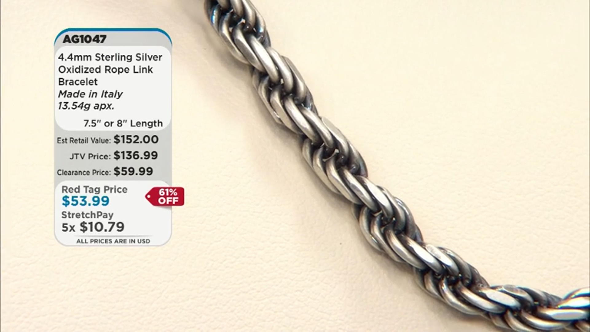Sterling Silver Oxidized 4.4mm Rope Link Bracelet Video Thumbnail