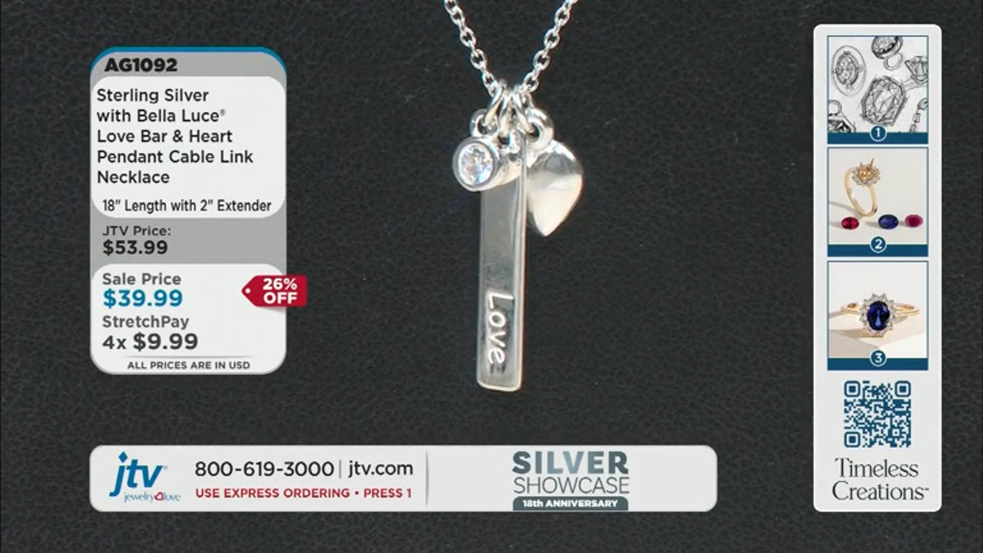 Sterling Silver With White Cubic Zirconia Love Bar & Heart Pendant 18 Inch Cable Link Necklace Video Thumbnail