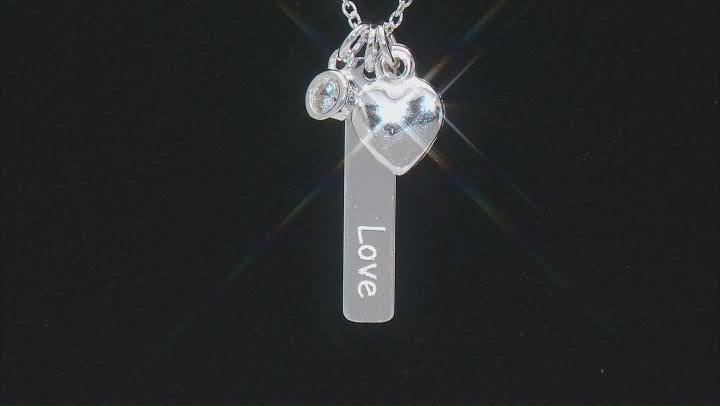 Sterling Silver With White Cubic Zirconia Love Bar & Heart Pendant 18 Inch Cable Link Necklace Video Thumbnail