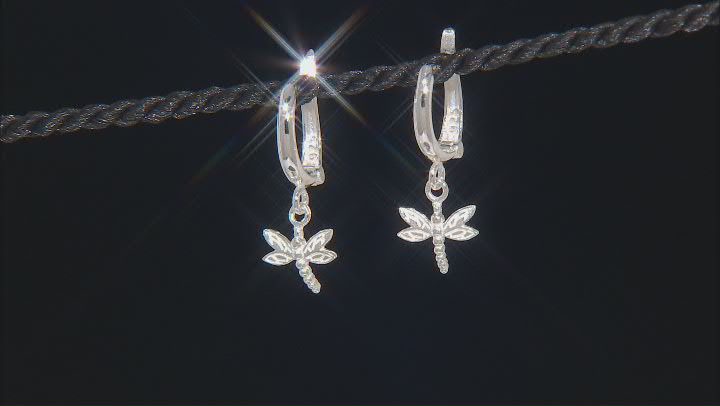 Sterling Silver Dragonfly Dangling Huggie Hoop Earrings Video Thumbnail