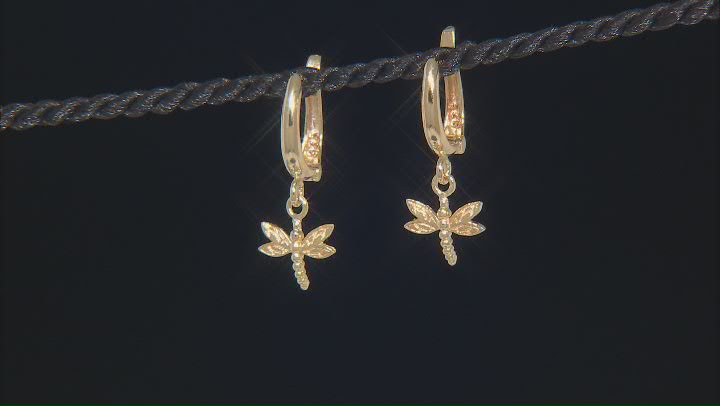 18k Yellow Gold Over Sterling Silver Dragonfly Dangling Huggie Hoop Earrings Video Thumbnail