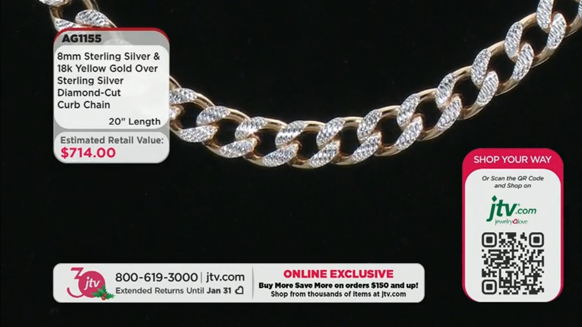 Sterling Silver & 18k Yellow Gold Over Sterling Silver 8mm Diamond-Cut Curb 20 Inch Chain Video Thumbnail