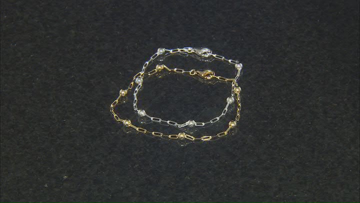 Sterling Silver & 18k Yellow Gold Over Sterling Silver Bead Station Paperclip Link Bracelet Set of 2 Video Thumbnail