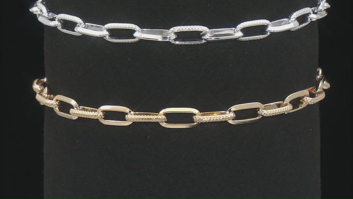 Sterling Silver & 18k Yellow Gold Over Sterling Silver Textured/Polished Paperclip Bracelet Set of 2 Video Thumbnail