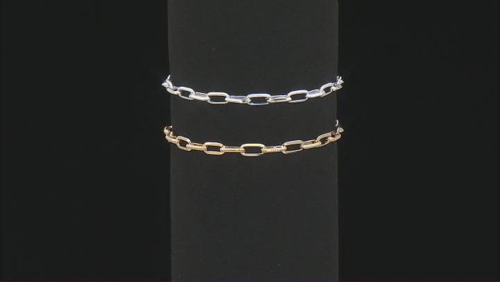 Sterling Silver & 18k Yellow Gold Over Sterling Silver Textured/Polished Paperclip Bracelet Set of 2 Video Thumbnail