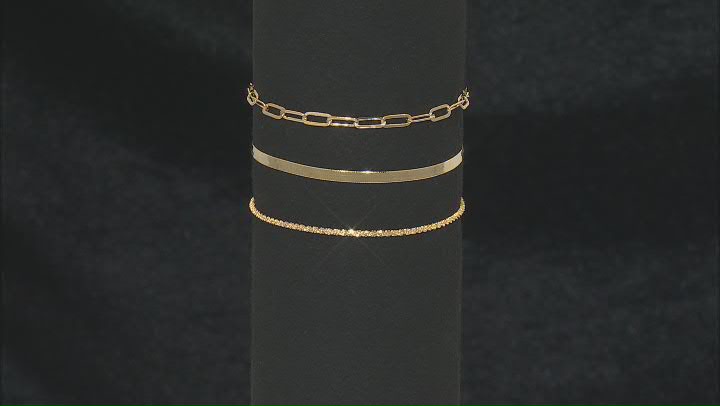 18k Yellow Gold Over Sterling Silver Herringbone, Paperclip, & Criss Cross Link Bracelet Set of 3 Video Thumbnail