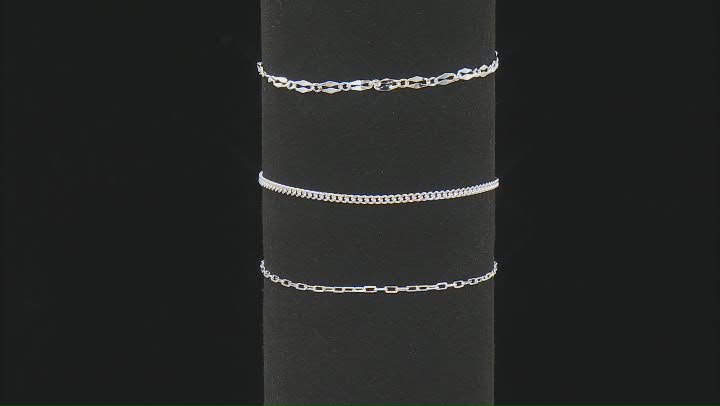 Sterling Silver 1.6mm Paperclip, 2mm Curb, & 3mm Mirror Link Bracelet Set of 3 Video Thumbnail
