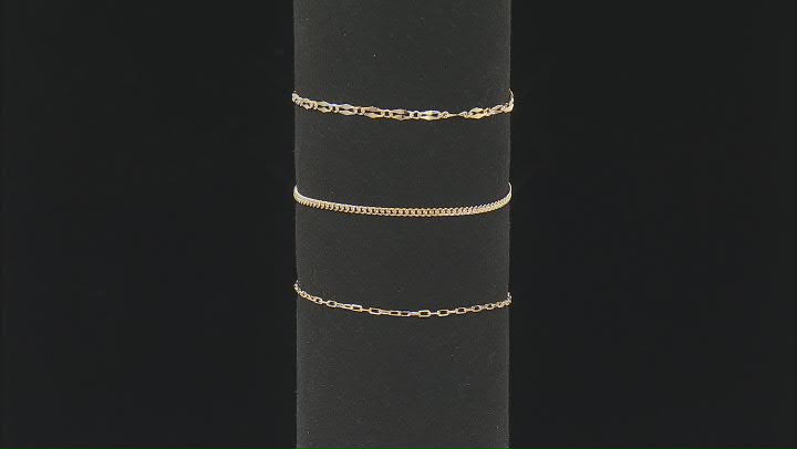 18k Yellow Gold Over Sterling Silver 1.6mm Paperclip, 2mm Curb, & 3mm Mirror Link Bracelet Set of 3 Video Thumbnail