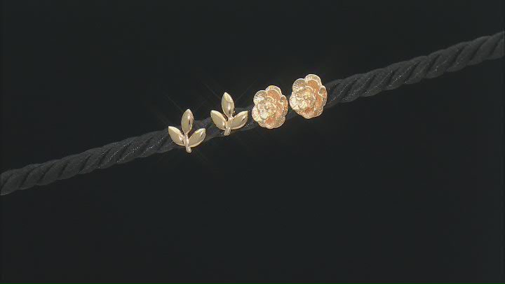 18k Yellow Gold Over Sterling Silver Rose & Leaf Stud Earring Set of 2 Video Thumbnail