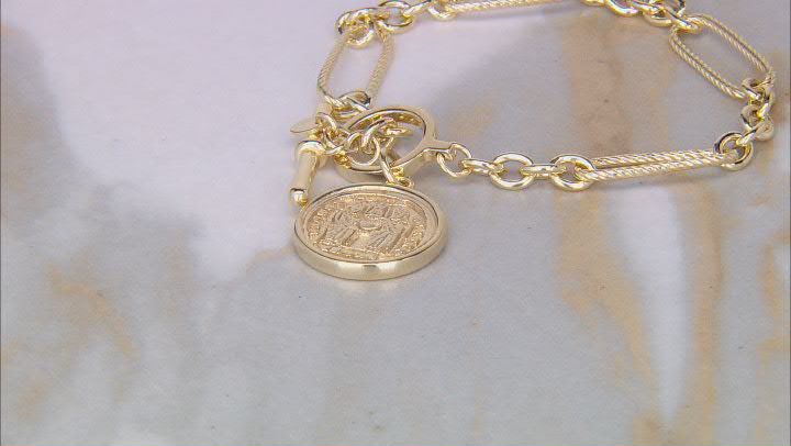 18k Yellow Gold Over Sterling Silver Paperclip Station Coin Toggle Bracelet Video Thumbnail