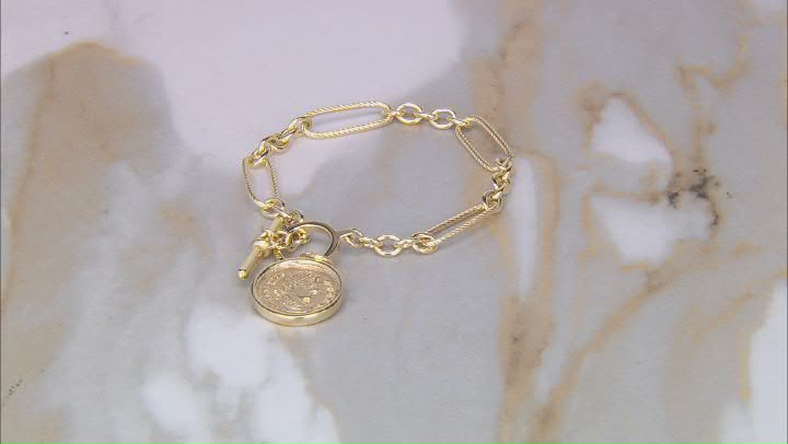 18k Yellow Gold Over Sterling Silver Paperclip Station Coin Toggle Bracelet Video Thumbnail