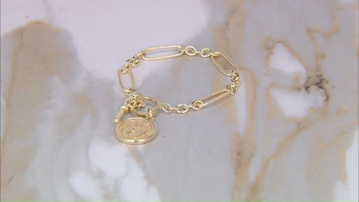 18k Yellow Gold Over Sterling Silver Paperclip Station Coin Toggle Bracelet Video Thumbnail