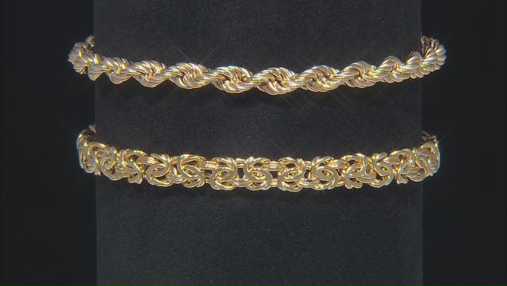 18K Yellow Gold Over Sterling Silver Set of 2 Byzantine and Rope Link Bracelets Video Thumbnail