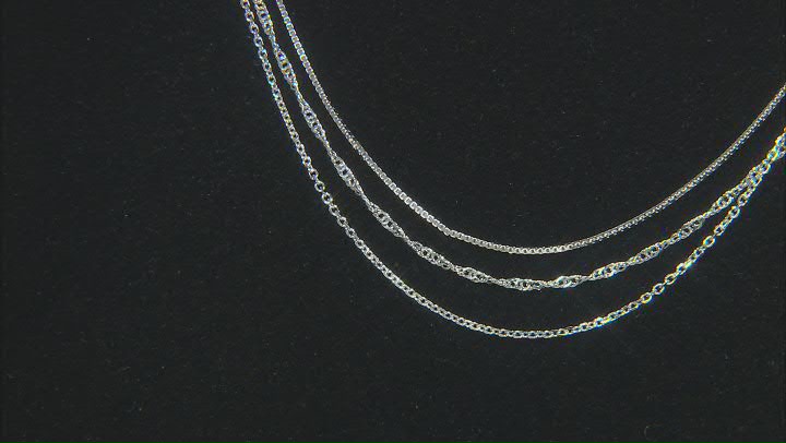 Rhodium Over Sterling Silver Singapore, Box, & Diamond-Cut Cable Set of 3 18 Inch Chains Video Thumbnail