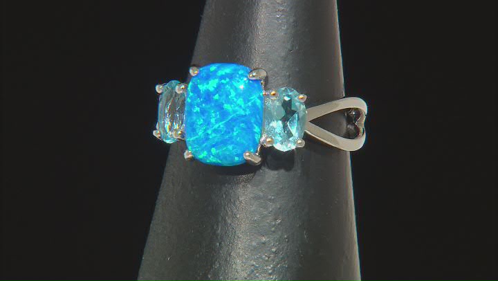 Lab Created Blue Opal Rhodium Over Silver 3-Stone Ring 0.99ctw Video Thumbnail