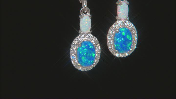 Blue Lab Created Opal Rhodium Over Sterling Silver Earrings 0.43ctw Video Thumbnail