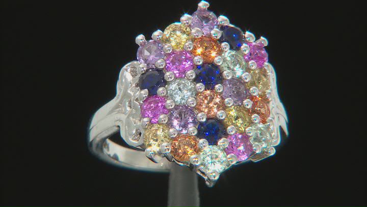 Multi-Color Lab Created Sapphire Rhodium Over Sterling Silver Ring 2.86ctw Video Thumbnail