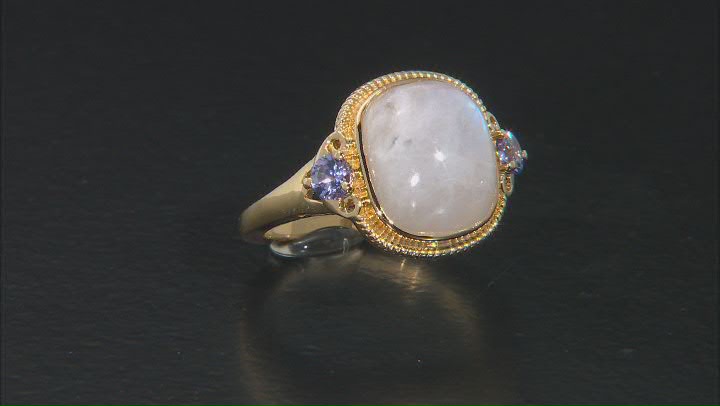White Rainbow Moonstone 18K Yellow Gold Over Sterling Silver Ring. 0.30ctw Video Thumbnail