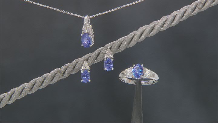 Tanzanite Rhodium Over Sterling Silver Pendant With Chain, Earring, And Ring Set 2.04ctw. Video Thumbnail