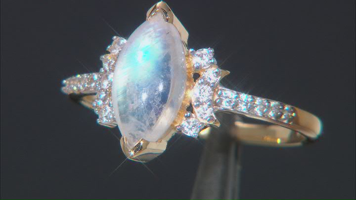 Rainbow Moonstone 18K Yellow Gold Over Sterling Silver Ring 12x6mm Video Thumbnail